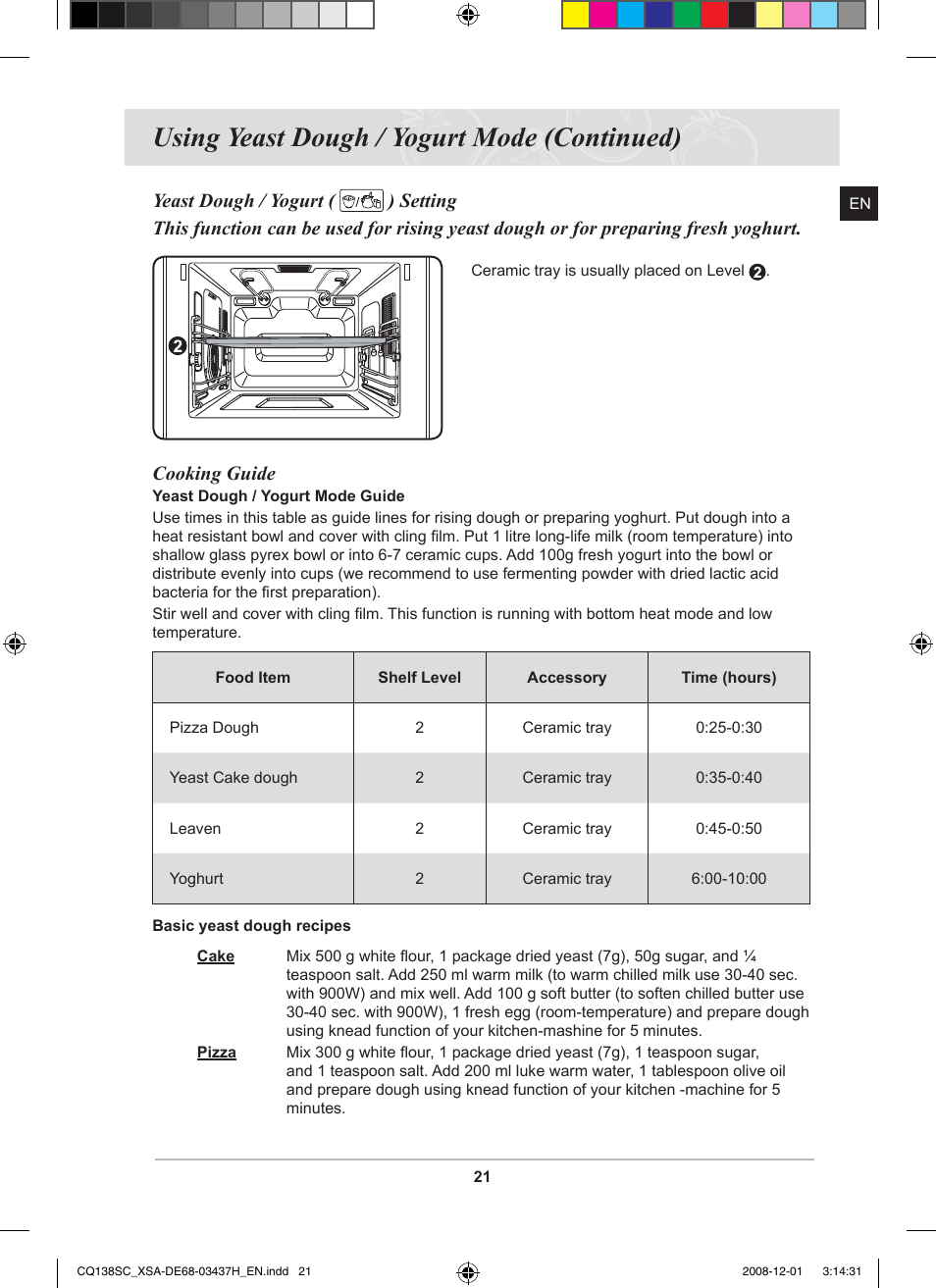 Using yeast dough / yogurt mode (continued), Cooking guide | Samsung CQ138SC User Manual | Page 23 / 56