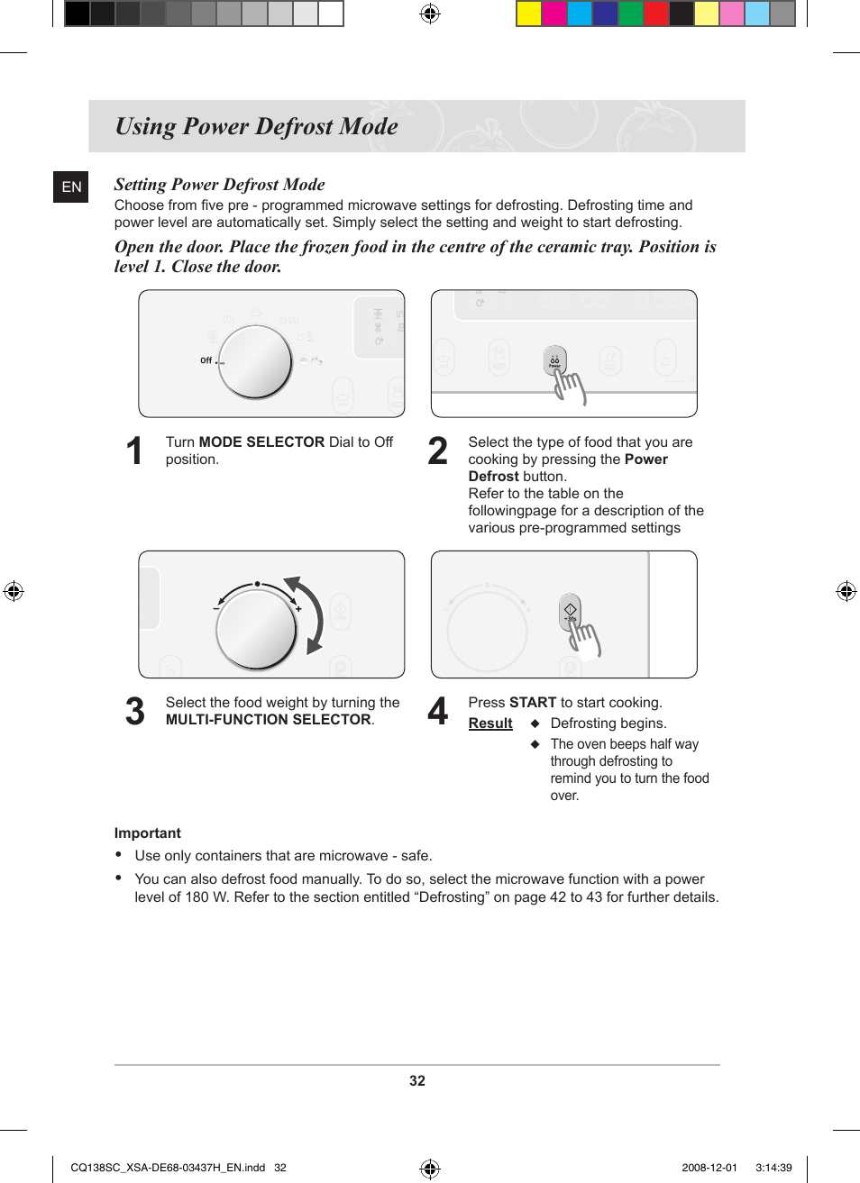 Using power defrost mode | Samsung CQ138SC User Manual | Page 34 / 56