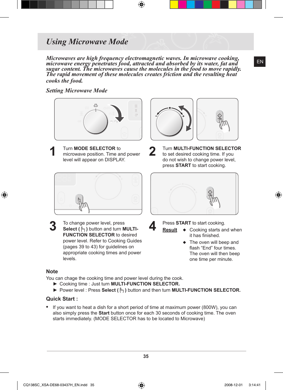 Using microwave mode | Samsung CQ138SC User Manual | Page 37 / 56