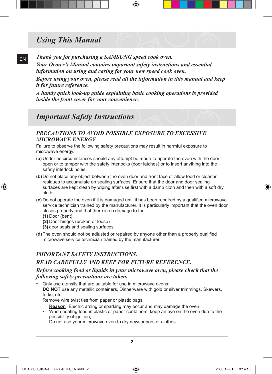 Using this manual, Important safety instructions | Samsung CQ138SC User Manual | Page 4 / 56