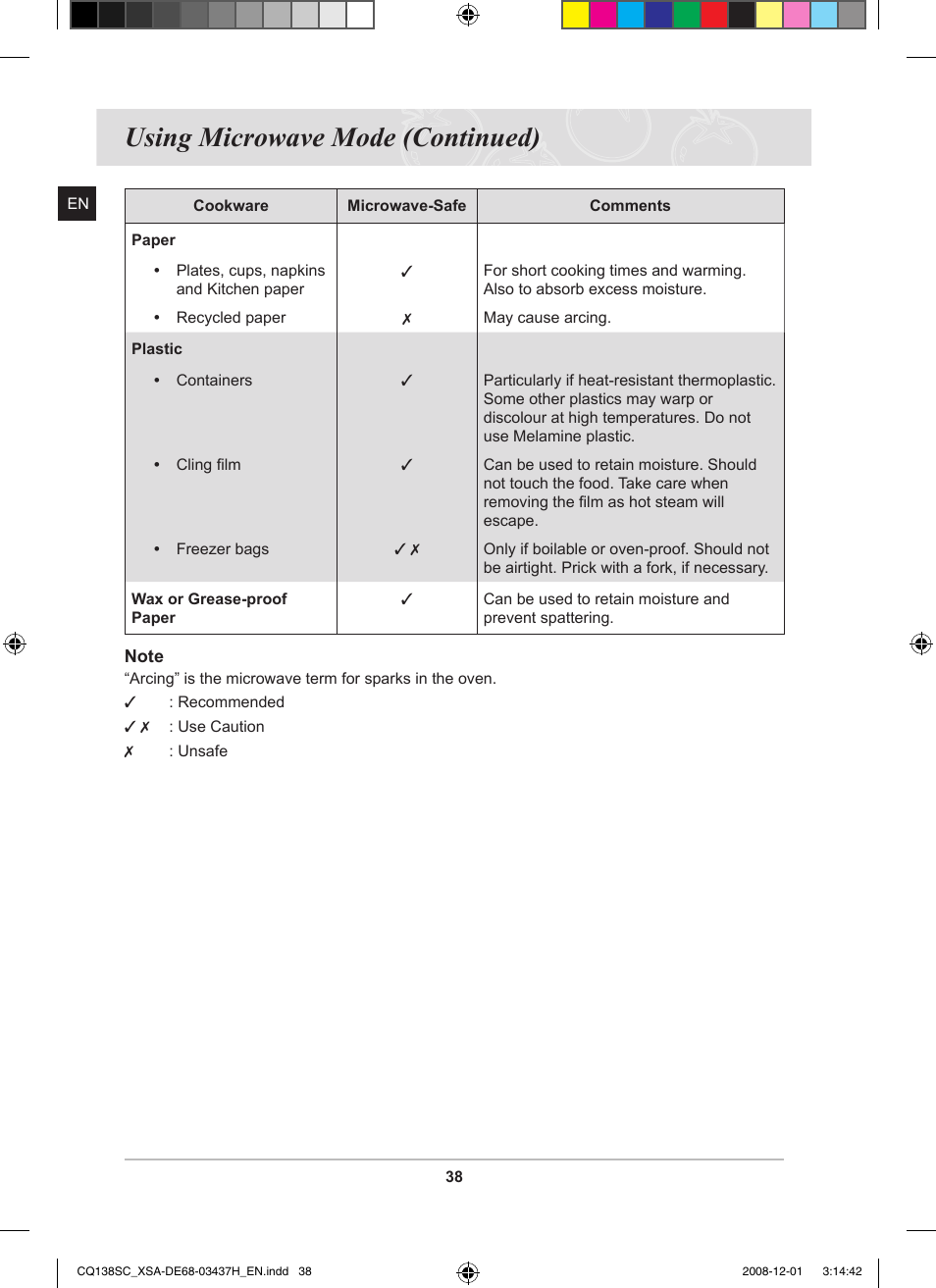 Using microwave mode (continued) | Samsung CQ138SC User Manual | Page 40 / 56