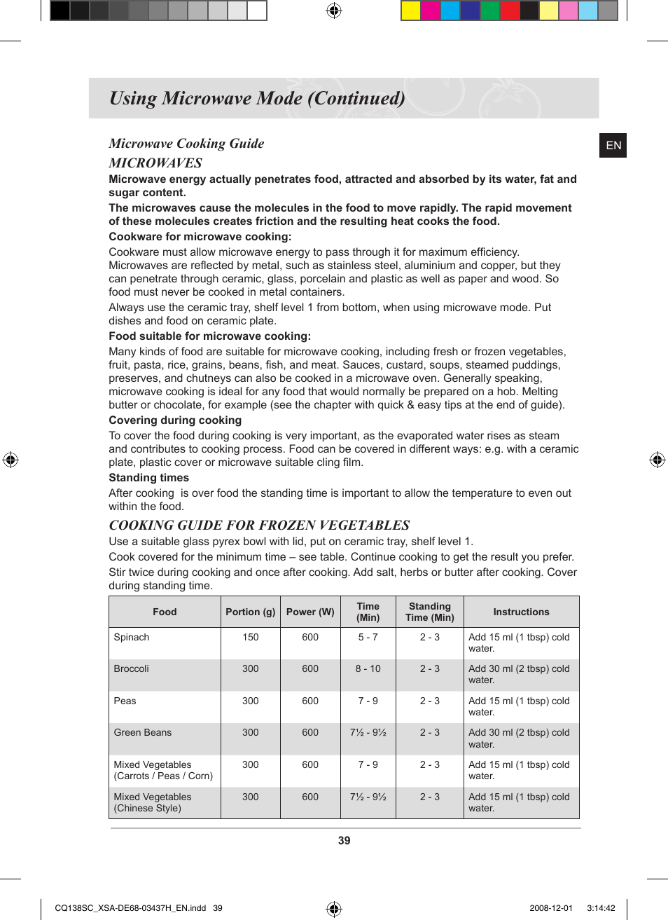 Using microwave mode (continued), Microwave cooking guide microwaves, Cooking guide for frozen vegetables | Samsung CQ138SC User Manual | Page 41 / 56