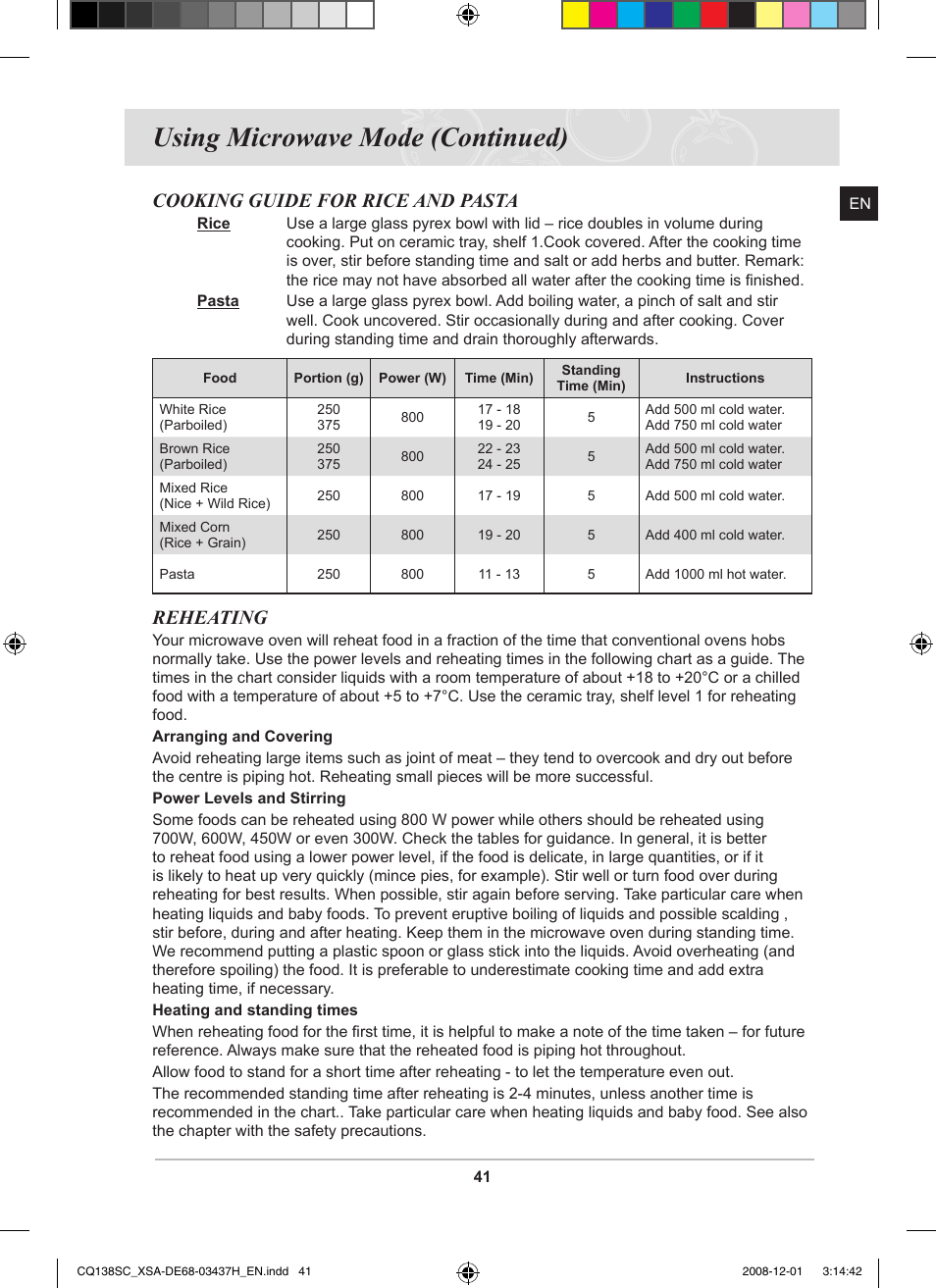 Using microwave mode (continued), Cooking guide for rice and pasta, Reheating | Samsung CQ138SC User Manual | Page 43 / 56