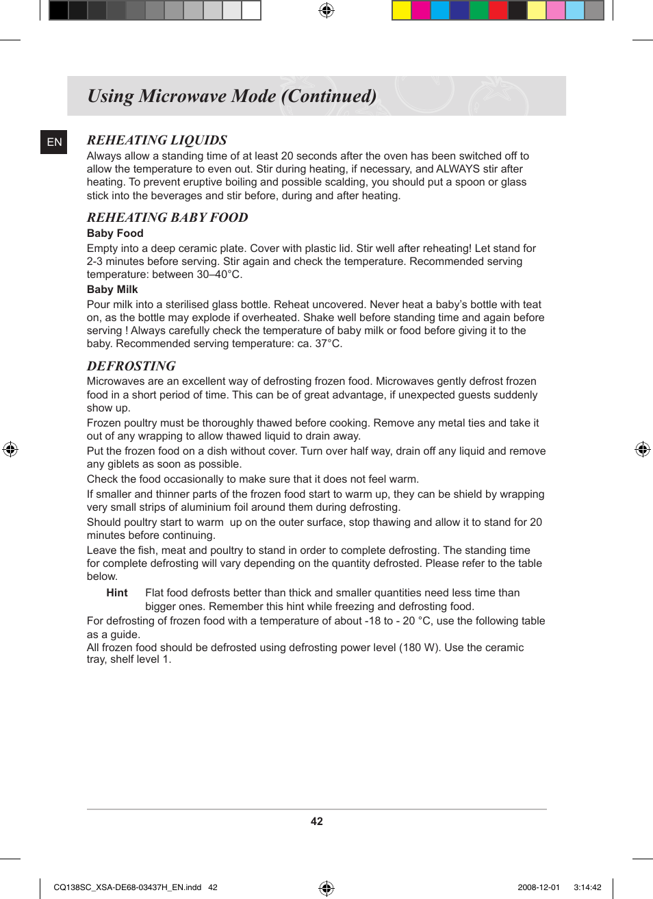 Using microwave mode (continued), Reheating liquids, Reheating baby food | Defrosting | Samsung CQ138SC User Manual | Page 44 / 56
