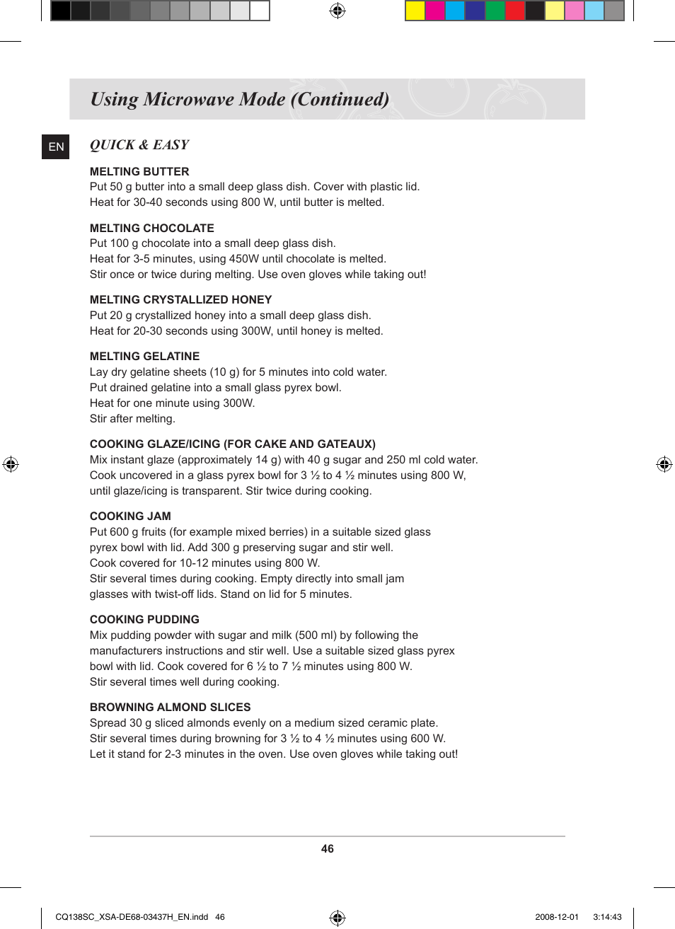 Using microwave mode (continued), Quick & easy | Samsung CQ138SC User Manual | Page 48 / 56