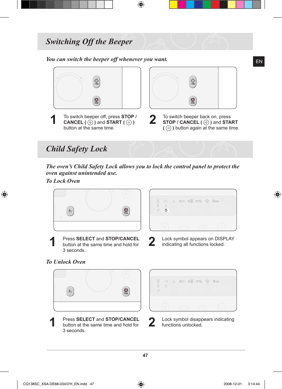 Switching off the beeper, Child safety lock | Samsung CQ138SC User Manual | Page 49 / 56