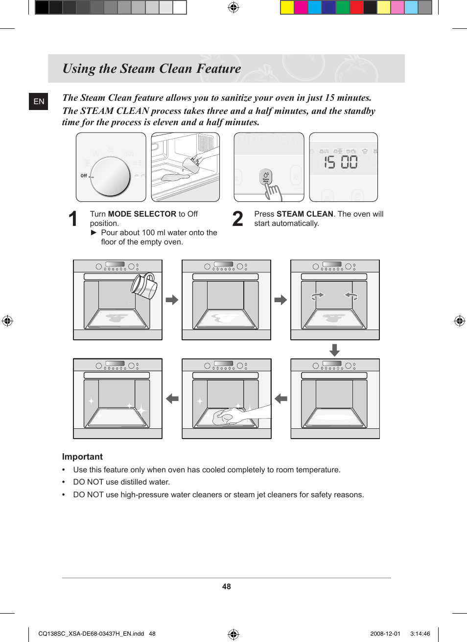Using the steam clean feature | Samsung CQ138SC User Manual | Page 50 / 56