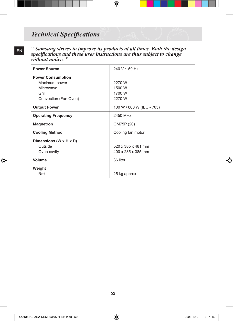 Technical specifications | Samsung CQ138SC User Manual | Page 54 / 56