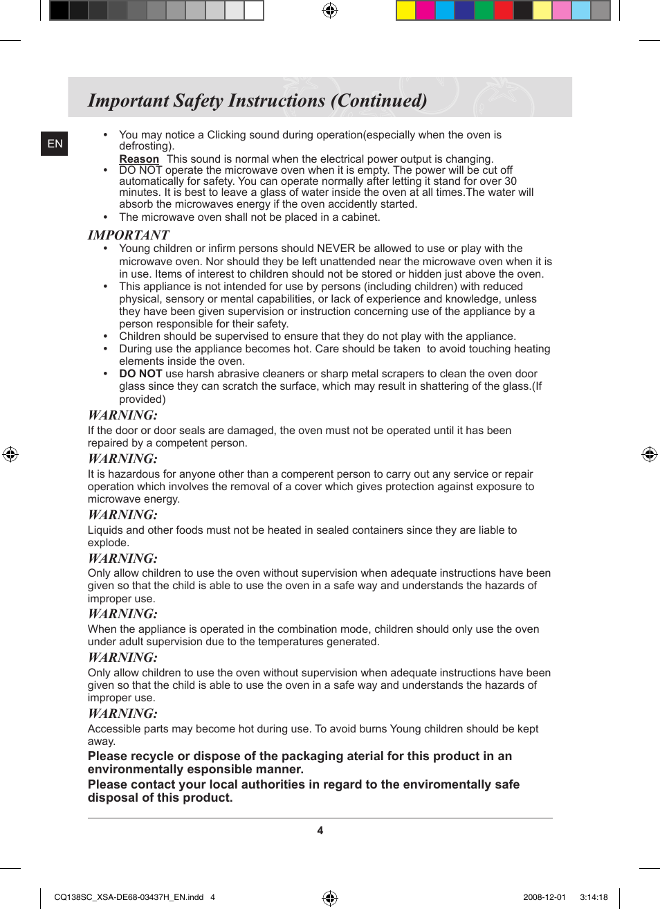 Important safety instructions (continued) | Samsung CQ138SC User Manual | Page 6 / 56