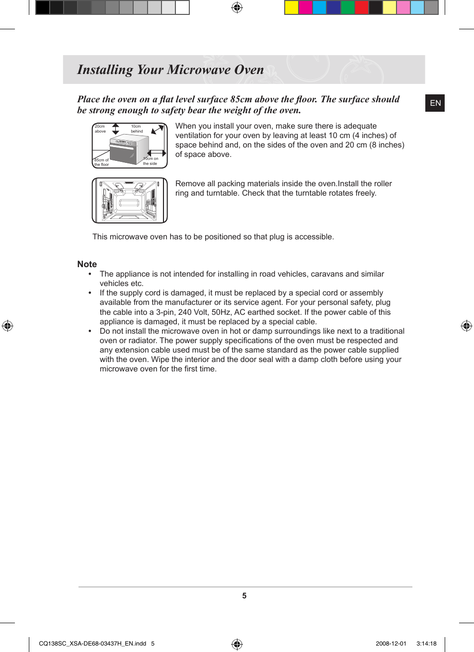 Installing your microwave oven | Samsung CQ138SC User Manual | Page 7 / 56