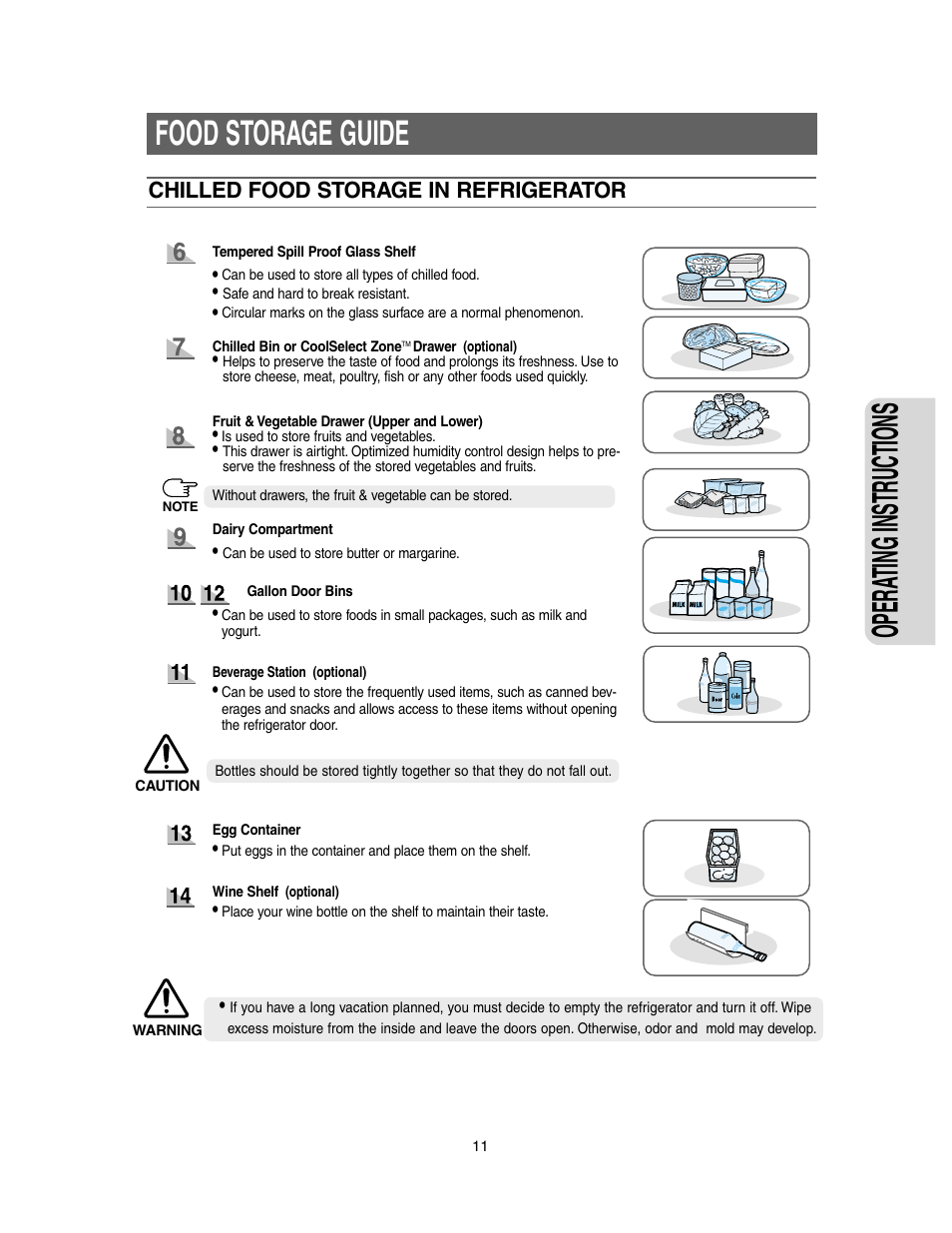 Opera ting instr uctions, Food storage guide, Chilled food storage in refrigerator | Samsung Model RS27KLMR User Manual | Page 11 / 36