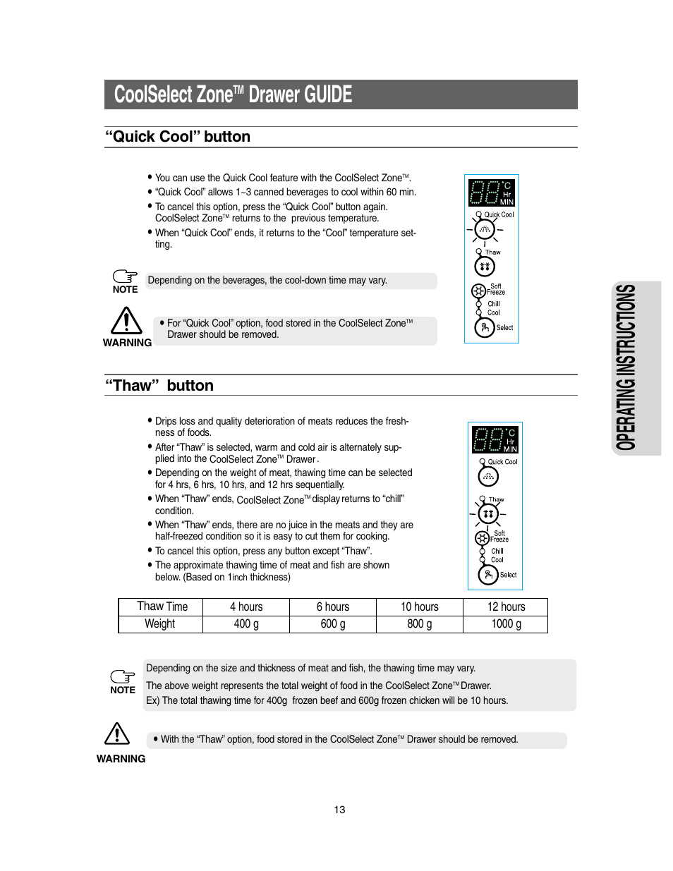 Opera ting instr uctions, Coolselect zone, Drawer guide | Quick cool” button “thaw” button | Samsung Model RS27KLMR User Manual | Page 13 / 36