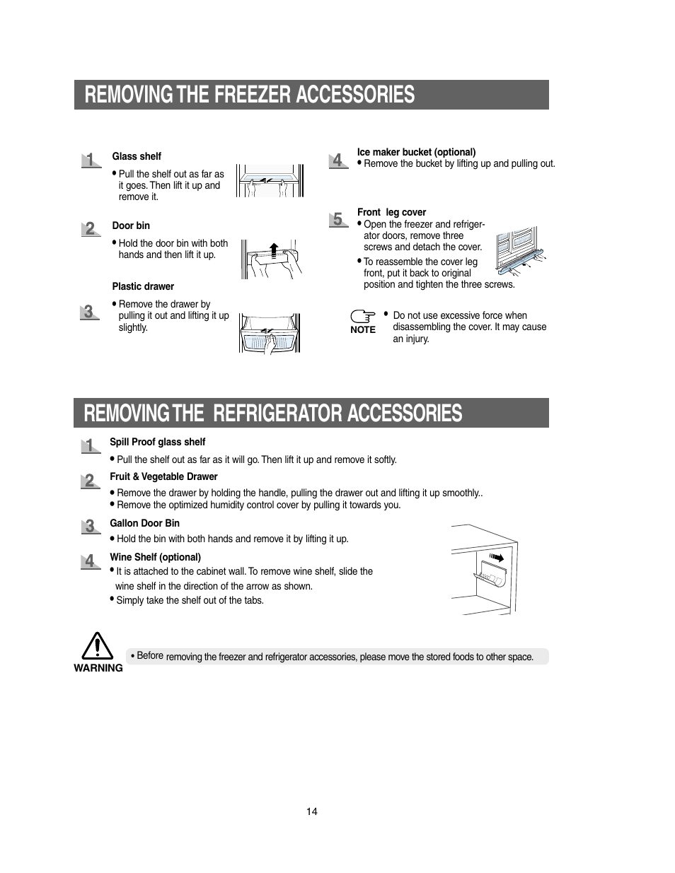 Removing the freezer accessories, Removing the refrigerator accessories | Samsung Model RS27KLMR User Manual | Page 14 / 36