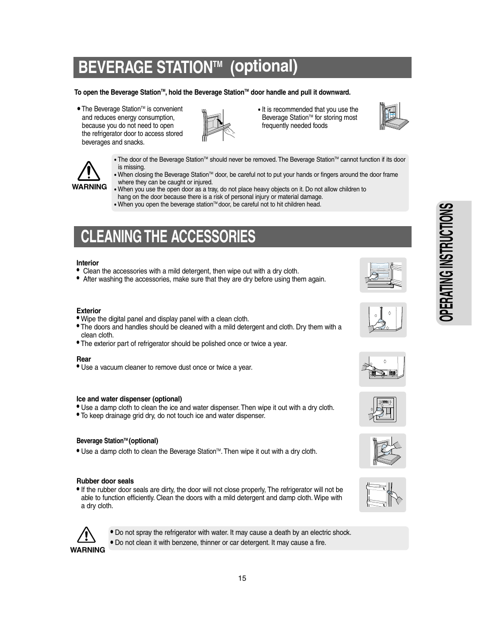 Beverage stationtm (optional), Cleaning the accessories, Opera ting instr uctions | Cleaning the accessories beverage station, Optional) | Samsung Model RS27KLMR User Manual | Page 15 / 36