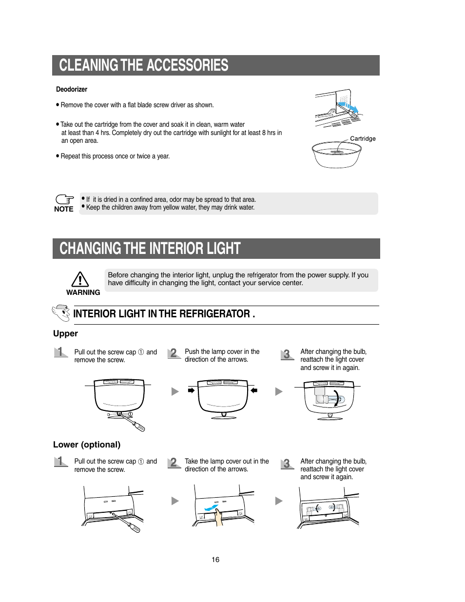 Changing the interior light, Cleaning the accessories, Interior light in the refrigerator | Samsung Model RS27KLMR User Manual | Page 16 / 36