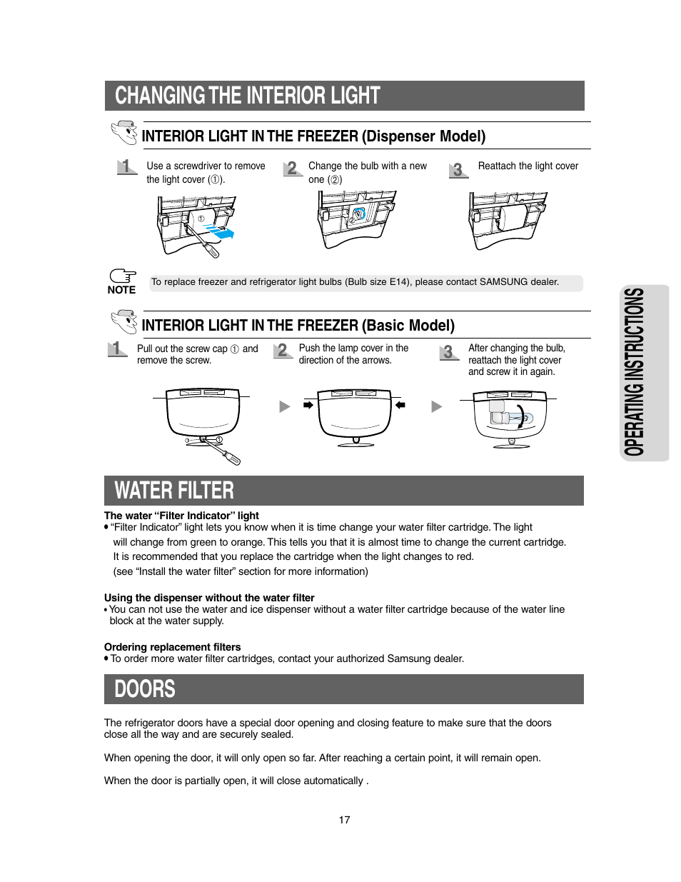 Water filter, Doors, Opera ting instr uctions | Changing the interior light | Samsung Model RS27KLMR User Manual | Page 17 / 36