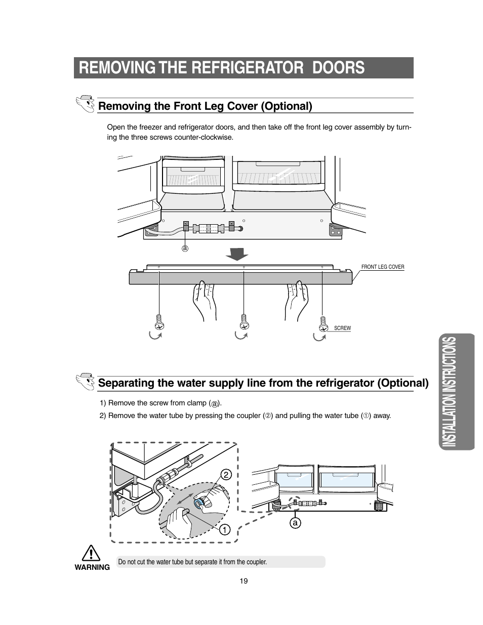 Removing the refrigerator doors, Inst alla tion instr uctions | Samsung Model RS27KLMR User Manual | Page 19 / 36
