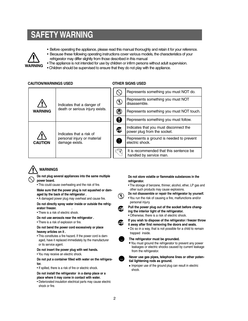 Safety warning | Samsung Model RS27KLMR User Manual | Page 2 / 36