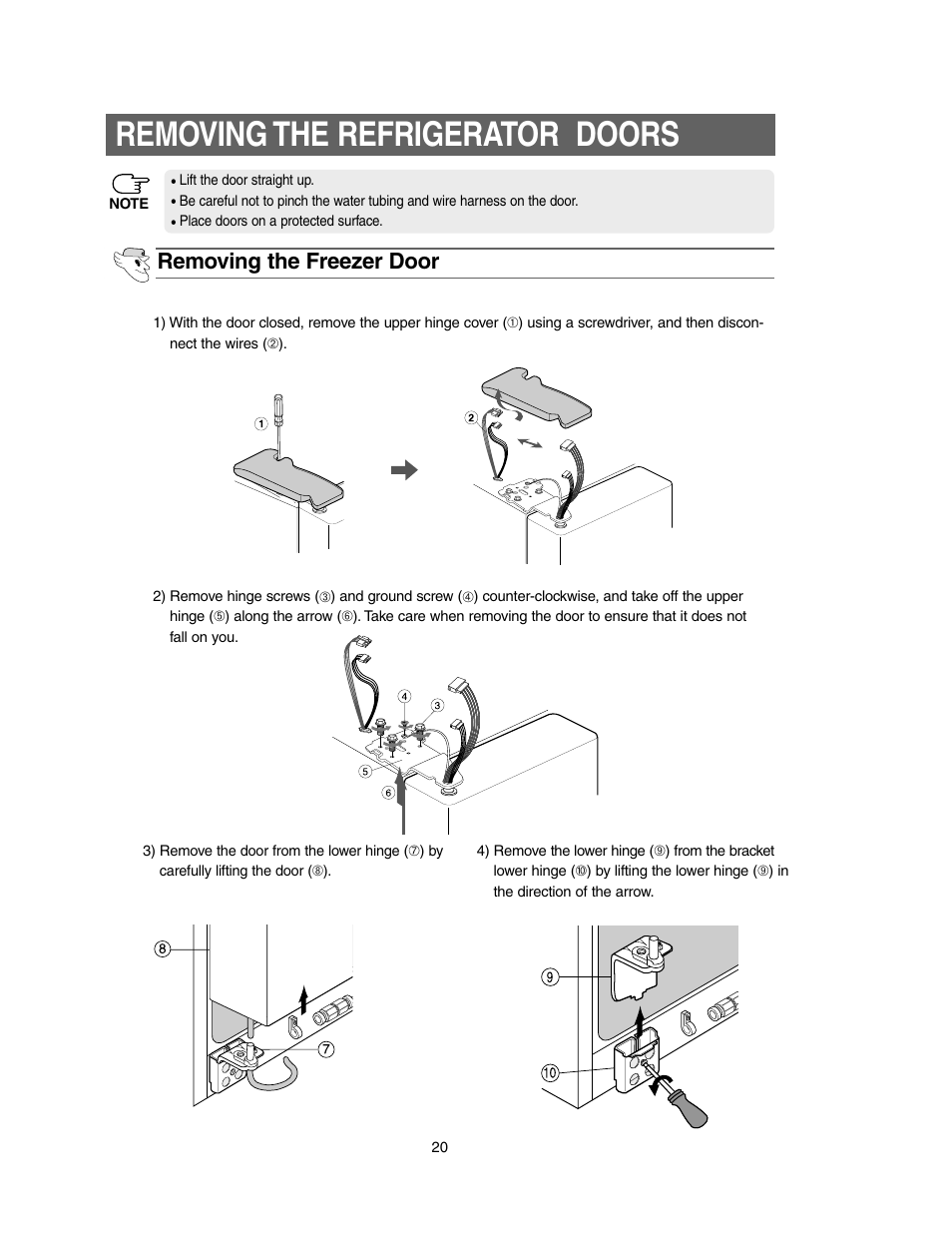 Removing the refrigerator doors, Removing the freezer door | Samsung Model RS27KLMR User Manual | Page 20 / 36