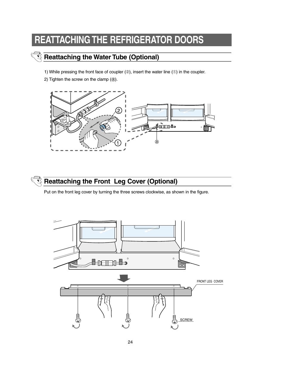 Reattaching the refrigerator doors | Samsung Model RS27KLMR User Manual | Page 24 / 36