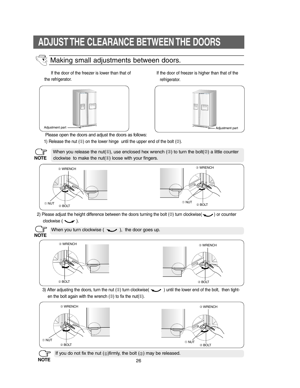 Adjust the clearance between the doors, Making small adjustments between doors | Samsung Model RS27KLMR User Manual | Page 26 / 36