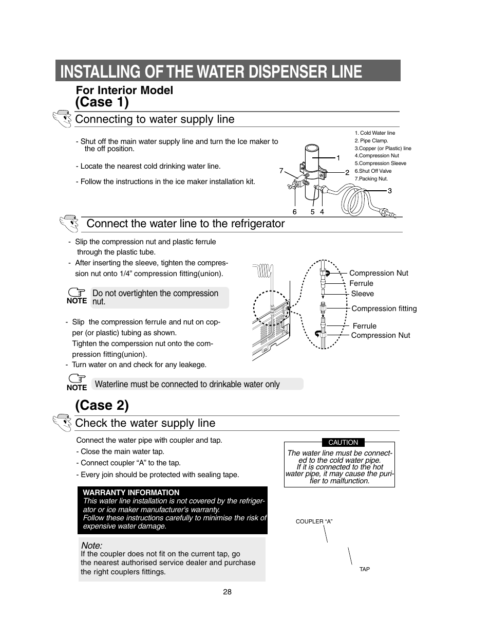 Installing of the water dispenser line, Case 1) (case 2), Connecting to water supply line | Check the water supply line | Samsung Model RS27KLMR User Manual | Page 28 / 36