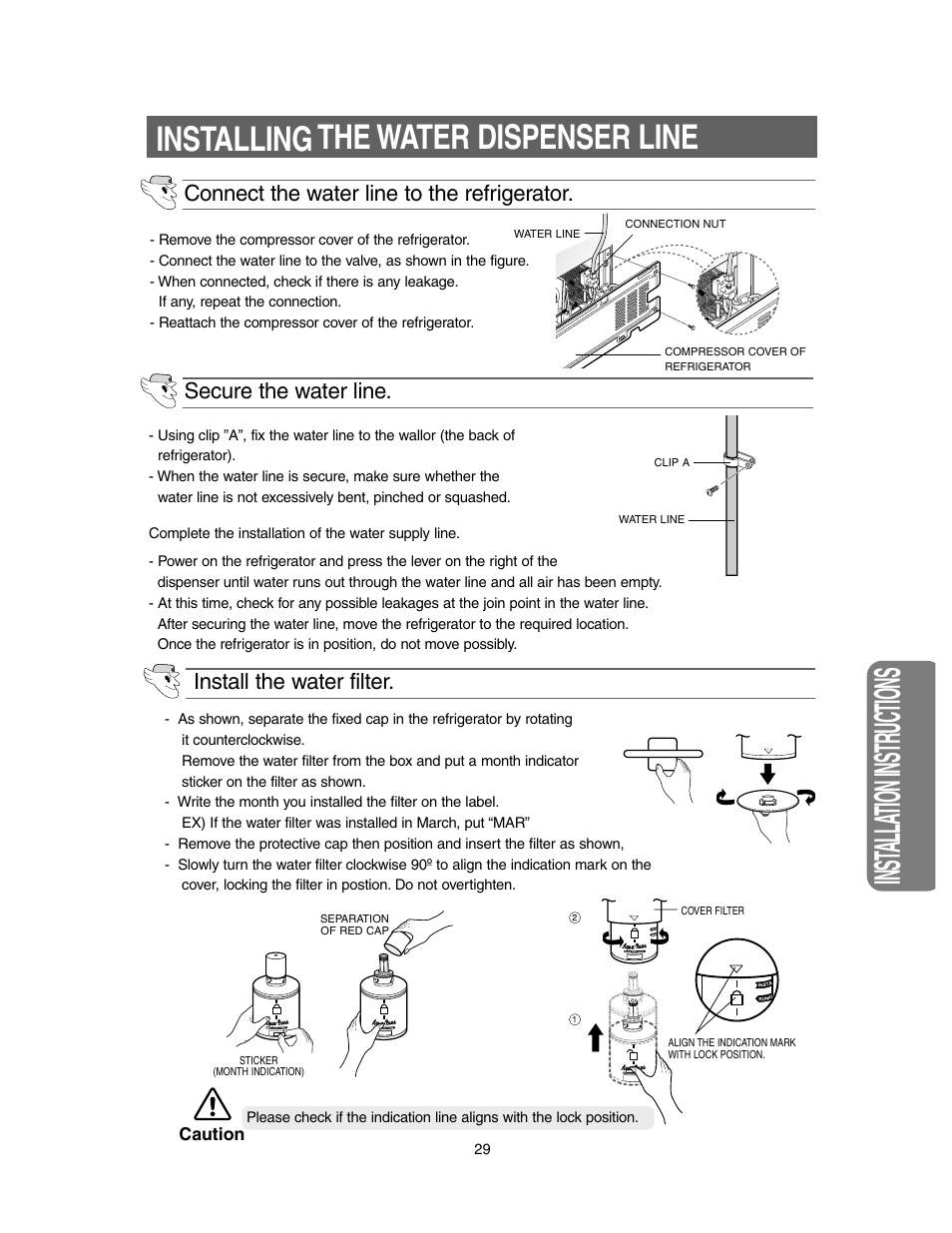 Installing the water dispenser line, Inst alla tion instr uctions, Secure the water line | Samsung Model RS27KLMR User Manual | Page 29 / 36