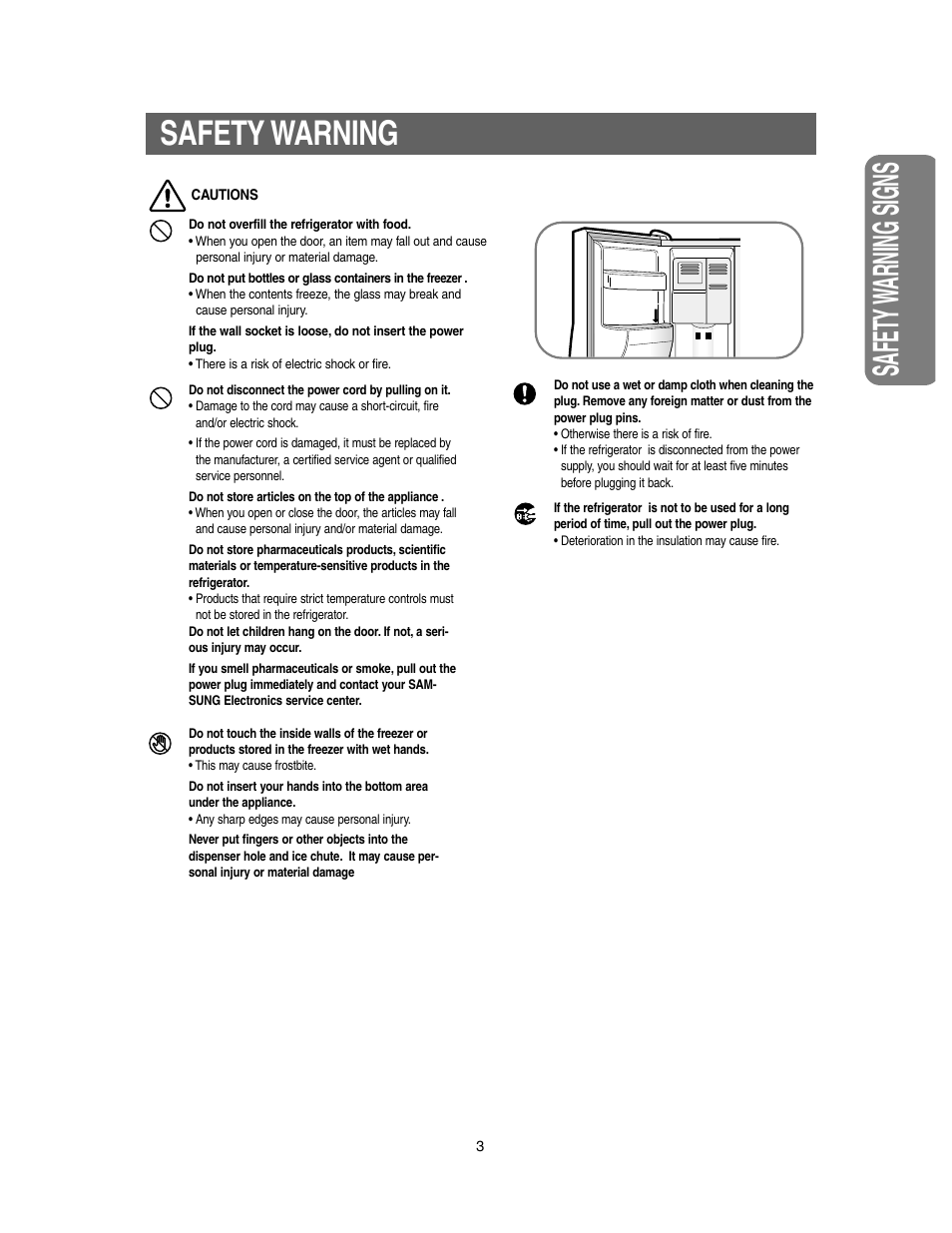 Safety w arning signs, Safety warning | Samsung Model RS27KLMR User Manual | Page 3 / 36