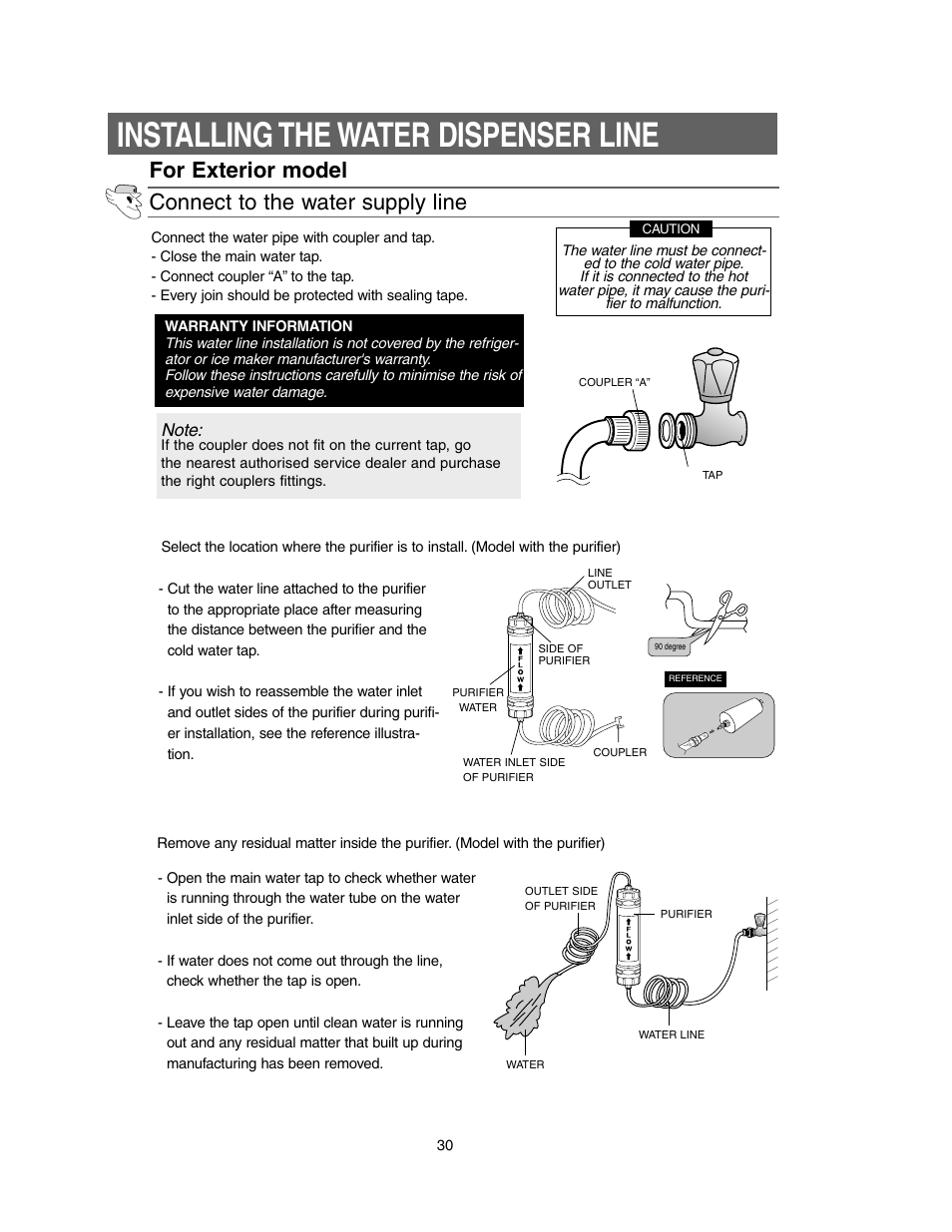 Installing the water dispenser line | Samsung Model RS27KLMR User Manual | Page 30 / 36