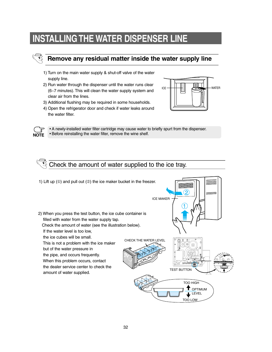 Installing the water dispenser line, Check the amount of water supplied to the ice tray | Samsung Model RS27KLMR User Manual | Page 32 / 36