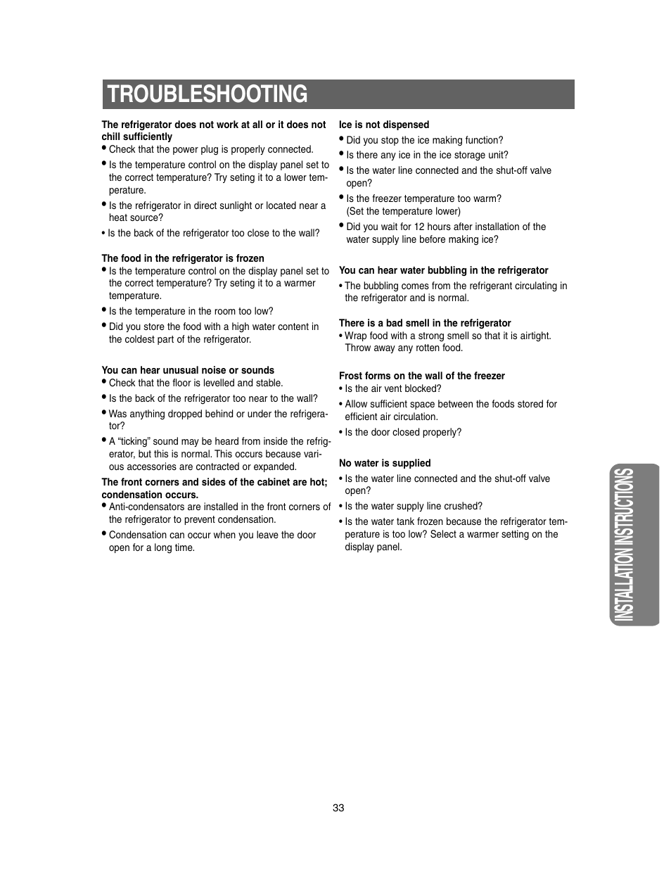 Troubleshooting, Inst alla tion instr uctions | Samsung Model RS27KLMR User Manual | Page 33 / 36