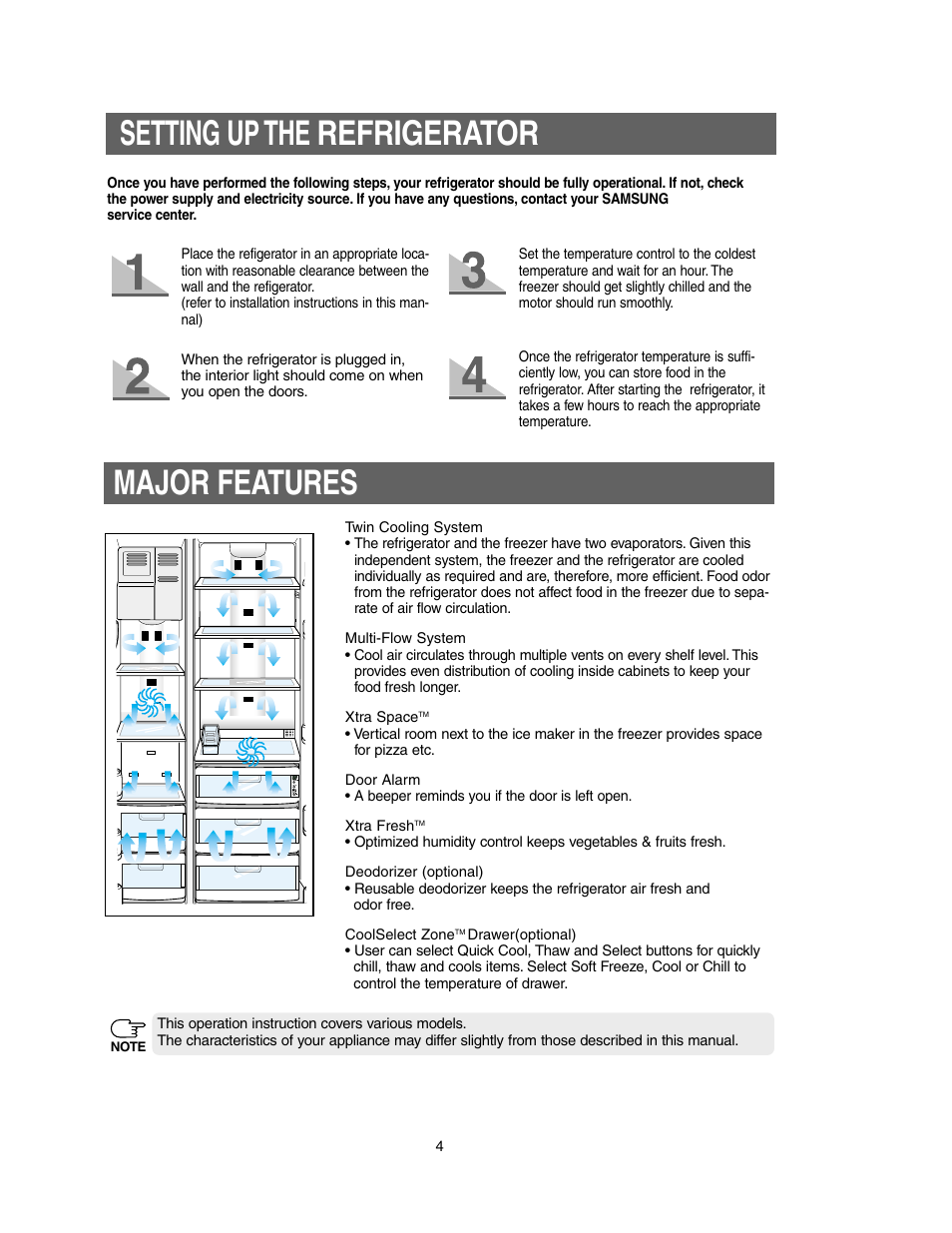 Setting up the refrigerator, Major features | Samsung Model RS27KLMR User Manual | Page 4 / 36