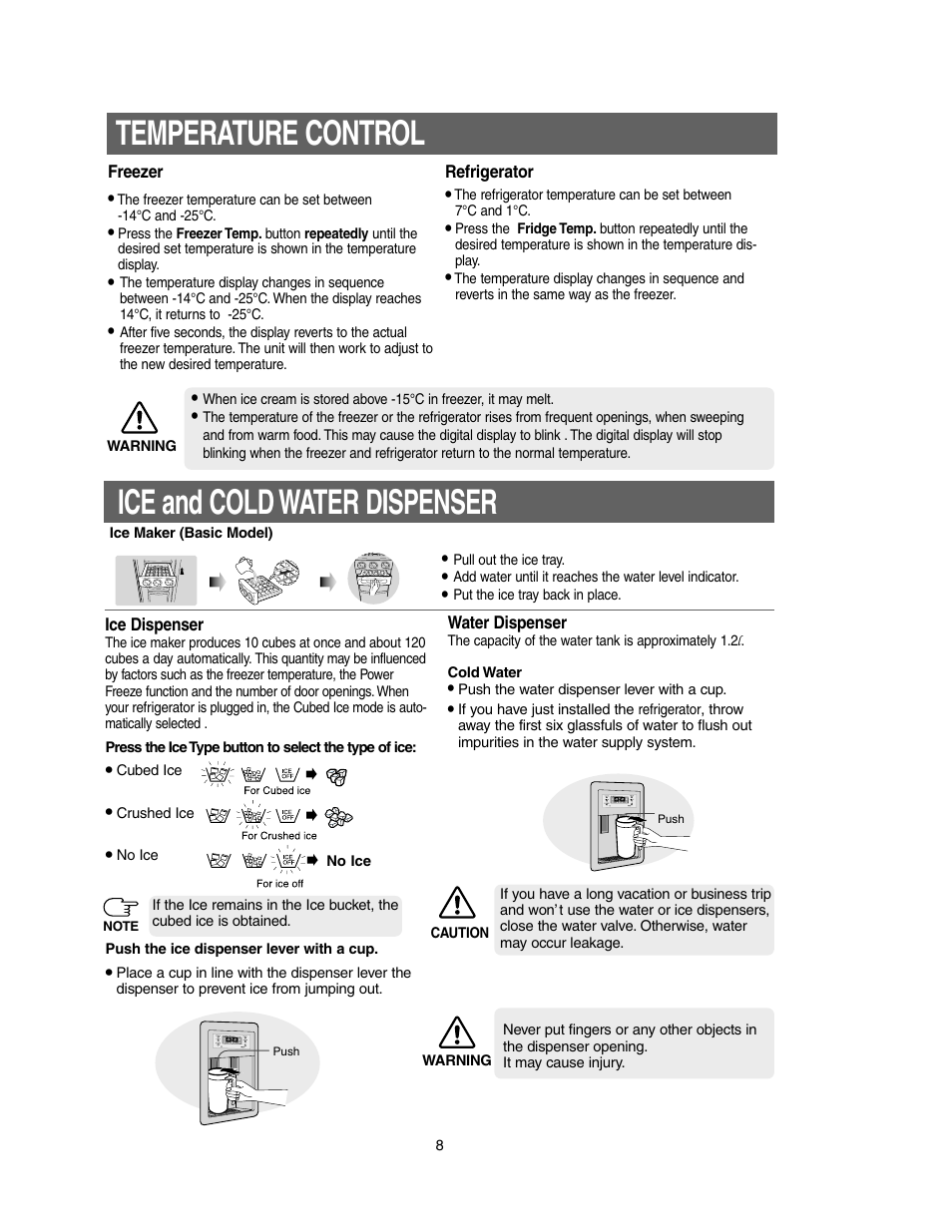 Temperature control, Ice and cold water dispenser | Samsung Model RS27KLMR User Manual | Page 8 / 36