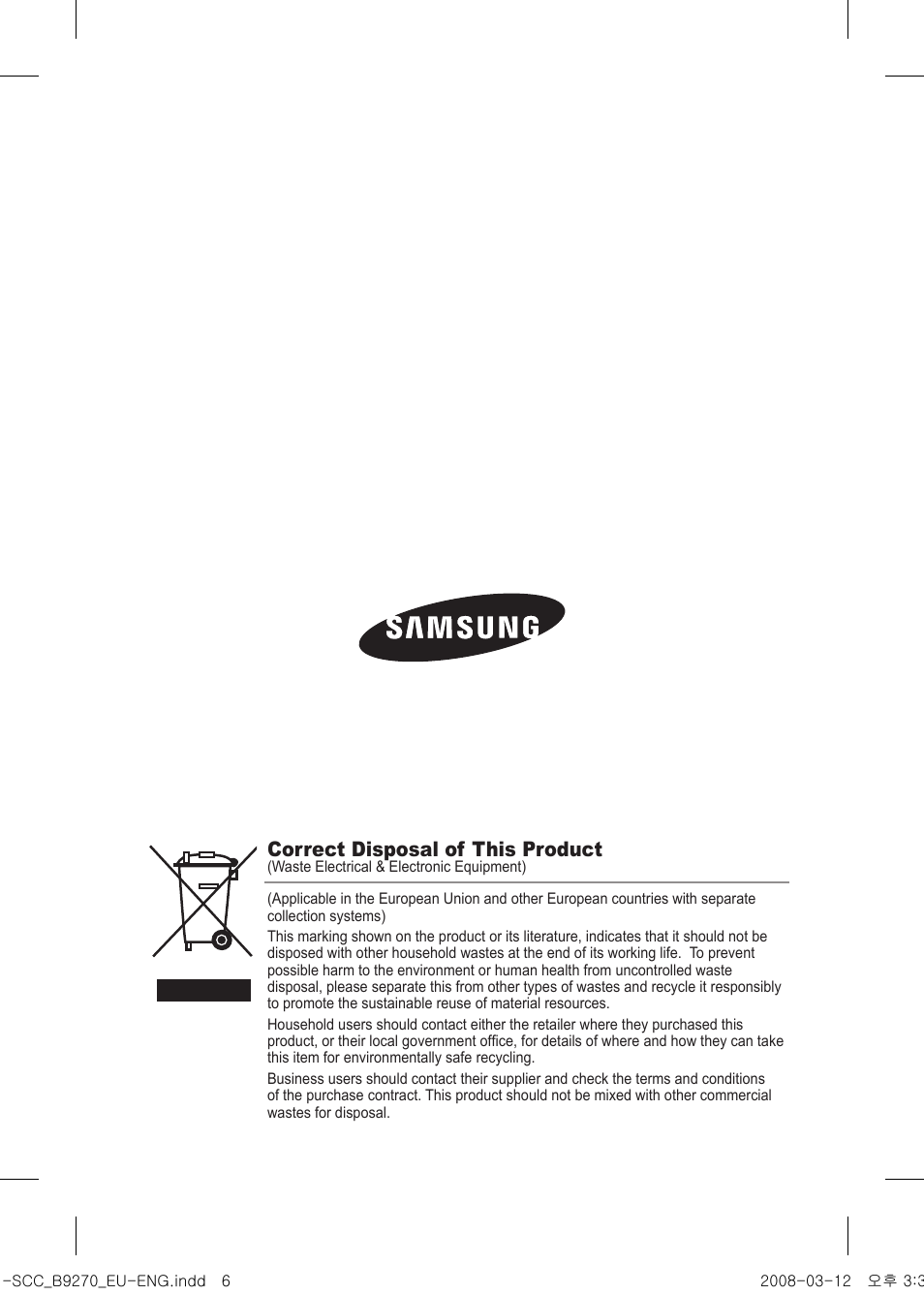 Correct disposal of this product | Samsung SCC-B9270 User Manual | Page 10 / 10