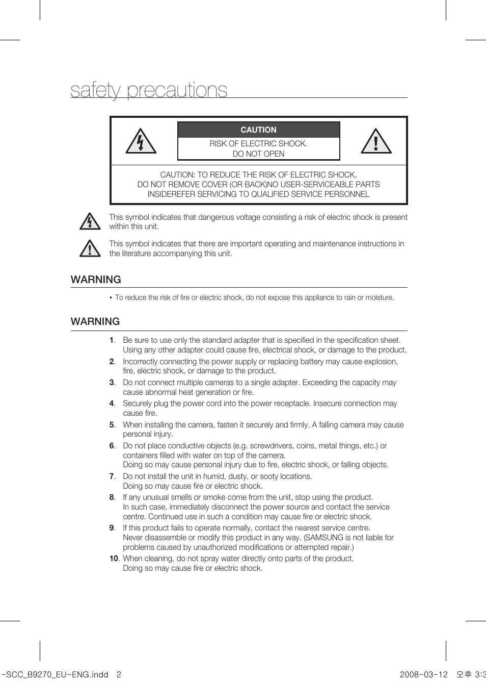 Safety precautions, Warning | Samsung SCC-B9270 User Manual | Page 2 / 10