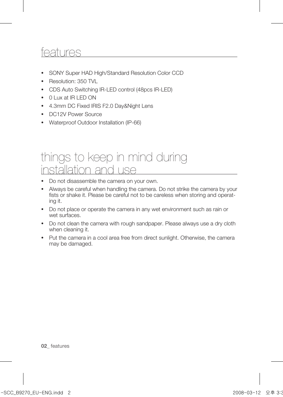 Features, Things to keep in mind during installation and use | Samsung SCC-B9270 User Manual | Page 6 / 10
