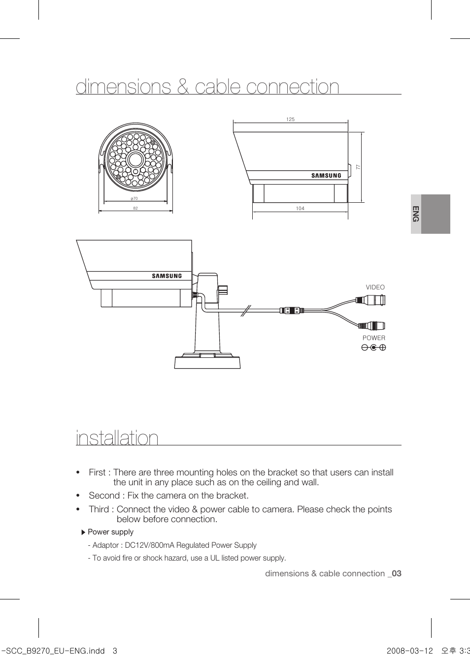 Dimensions & cable connection installation | Samsung SCC-B9270 User Manual | Page 7 / 10