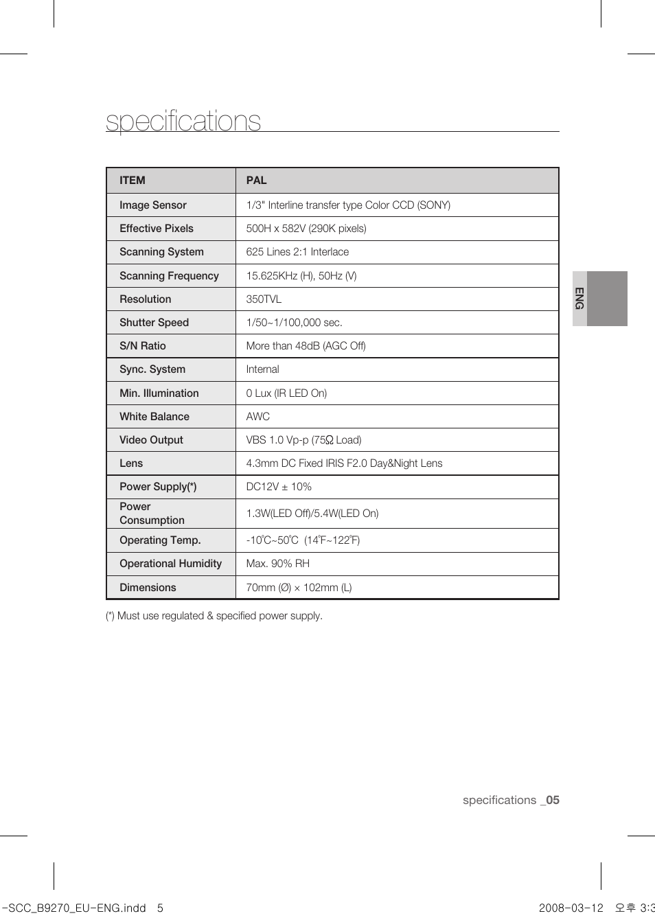 Specifications | Samsung SCC-B9270 User Manual | Page 9 / 10