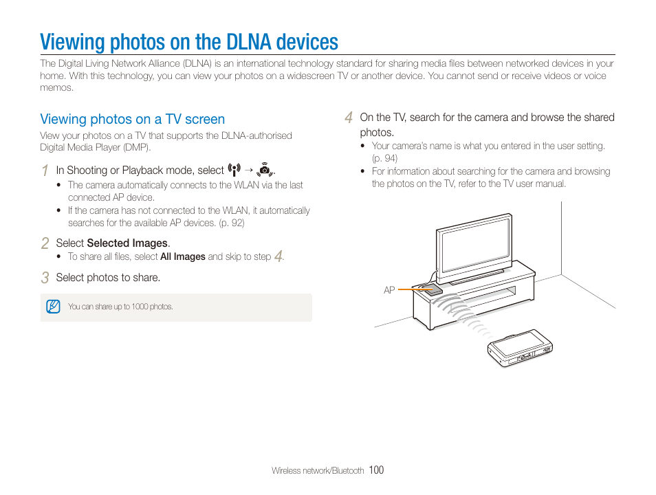 Viewing photos on the dlna devices, Viewing photos on a tv screen, Viewing photos on a tv screen …………… 100 | Samsung CL65 User Manual | Page 101 / 129