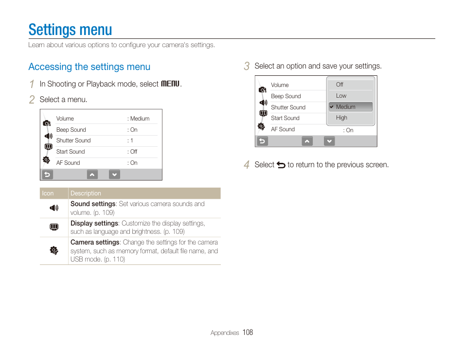 Settings menu, Accessing the settings menu, Accessing the settings menu …………………………… 108 | Samsung CL65 User Manual | Page 109 / 129