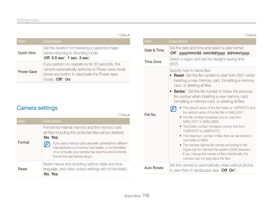 Camera settings, Camera settings ………………………………………… 110 | Samsung CL65 User Manual | Page 111 / 129