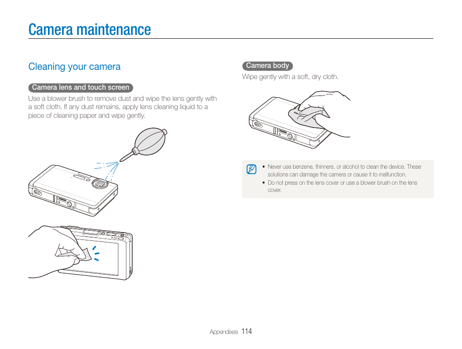 Camera maintenance, Cleaning your camera, Cleaning your camera …………………………………… 114 | Samsung CL65 User Manual | Page 115 / 129