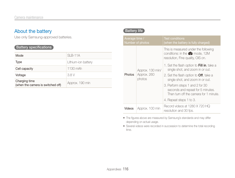 About the battery, About the battery ………………………………………… 116 | Samsung CL65 User Manual | Page 117 / 129