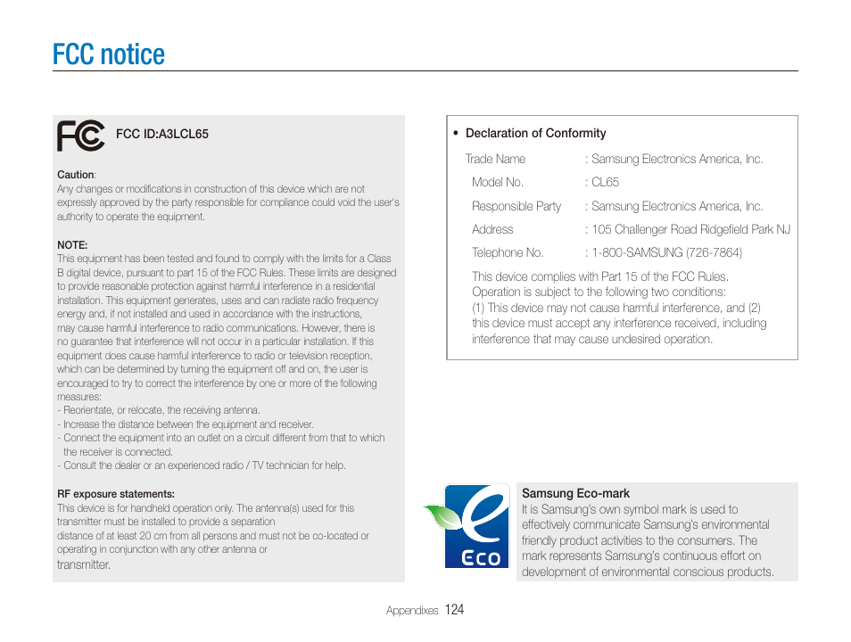 Fcc notice | Samsung CL65 User Manual | Page 125 / 129