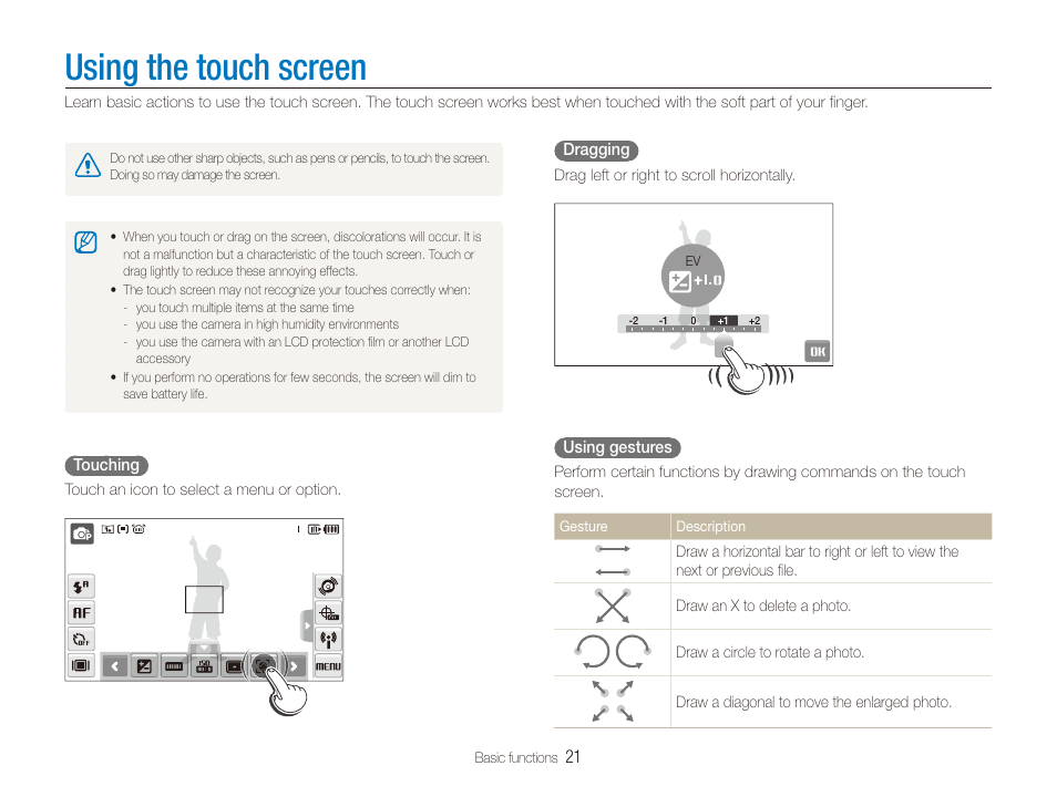 Using the touch screen | Samsung CL65 User Manual | Page 22 / 129