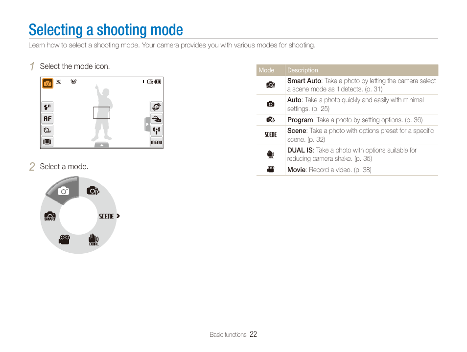 Selecting a shooting mode | Samsung CL65 User Manual | Page 23 / 129