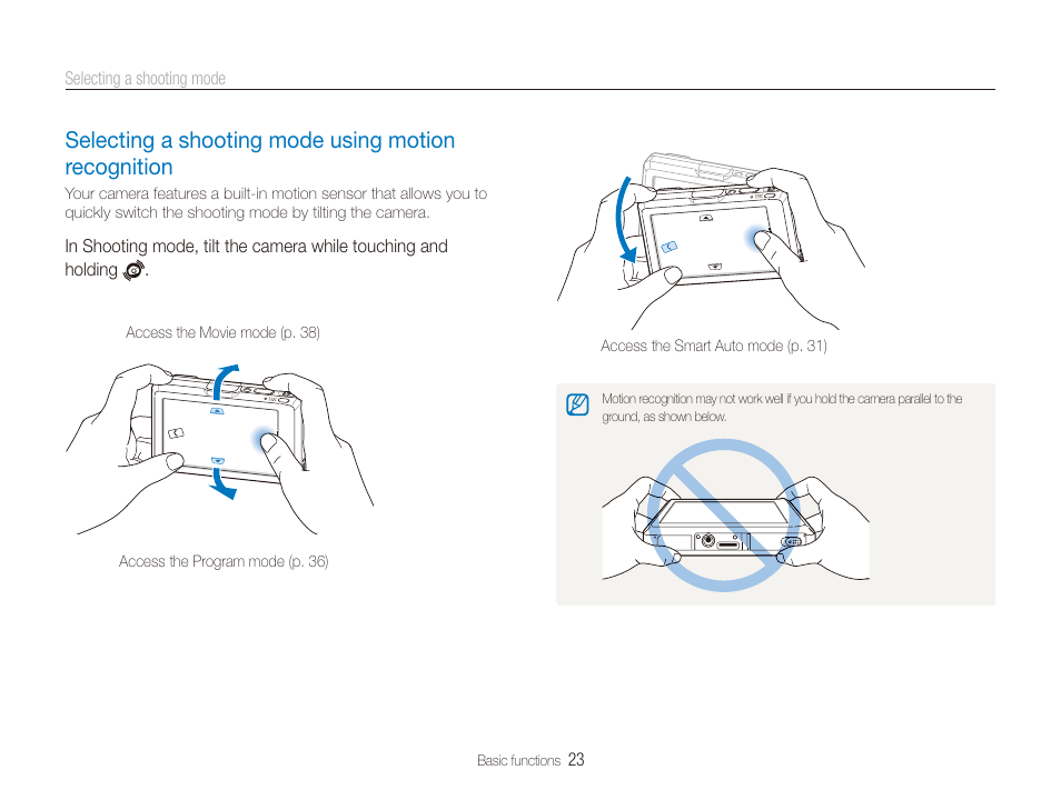Selecting a shooting mode using motion recognition, Selecting a shooting mode using motion, Recognition ……………………………………… 23 | Samsung CL65 User Manual | Page 24 / 129