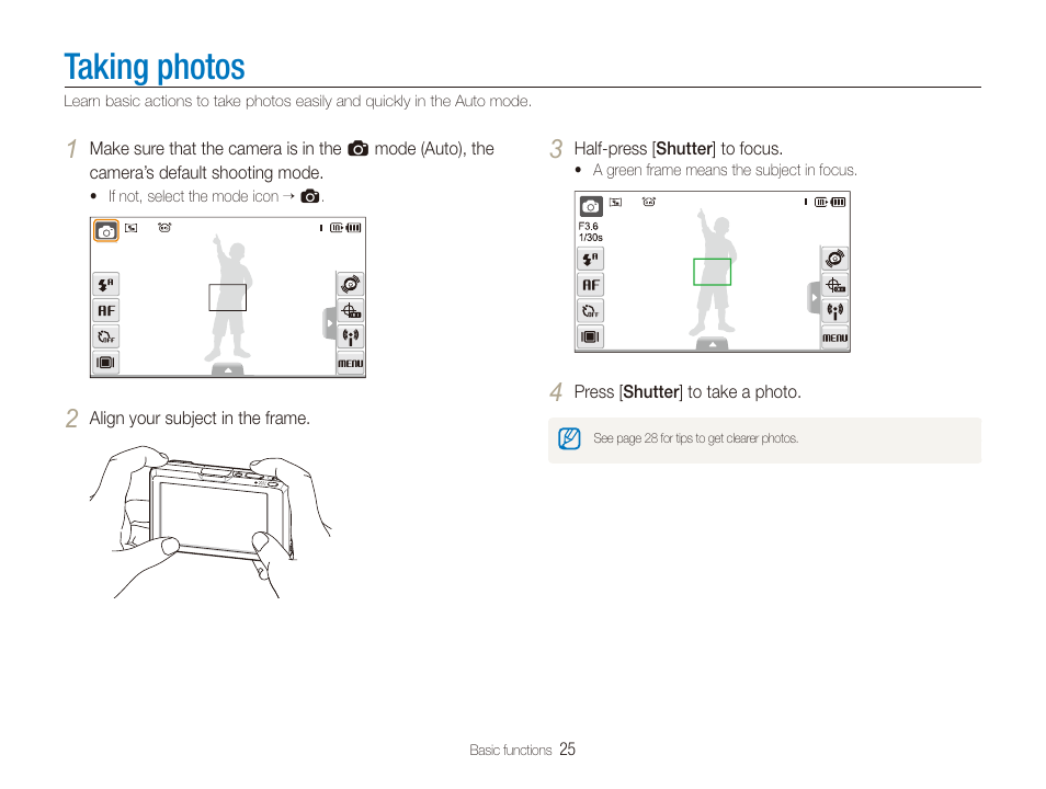 Taking photos, Settings. (p. 25) | Samsung CL65 User Manual | Page 26 / 129