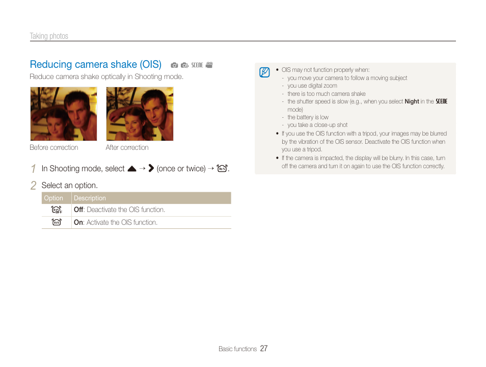Reducing camera shake (ois), Reducing camera shake (ois) ………………… 27 | Samsung CL65 User Manual | Page 28 / 129