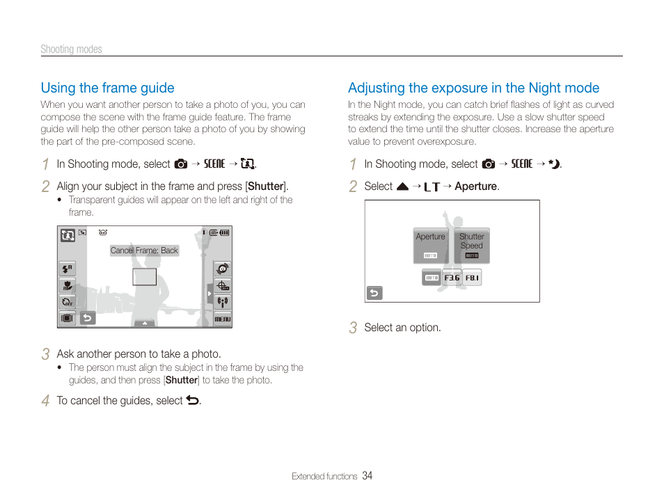 Using the frame guide, Adjusting the exposure in the night mode, Mode. (p. 34) | Using the frame guide ……………………………………… 34, Frame guide mode, see “using the frame guide” on | Samsung CL65 User Manual | Page 35 / 129